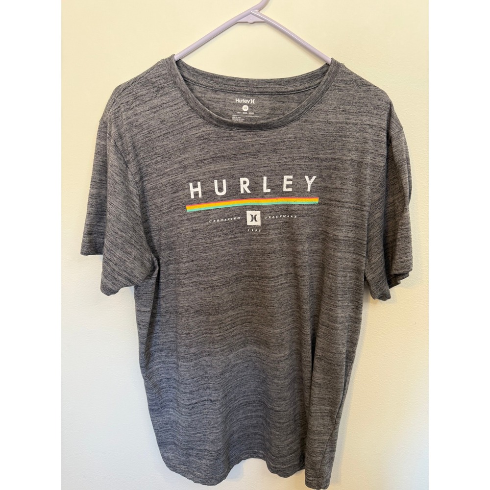 Hurley Graphic T-Shirt Mens Large Gray Excellent Short Sleeve Rainbow Logo Tee